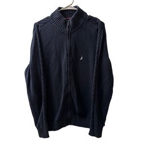 Nautica Blue Full Zip Sweater 100% Cotton Long Sleeve Mock Neck Size Medium